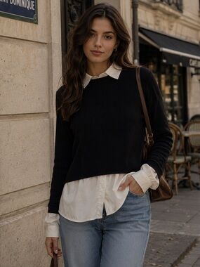 🛍️5/$25🛍️ LOFT Black and Cream Layered Button Down Mixed Media Shirt